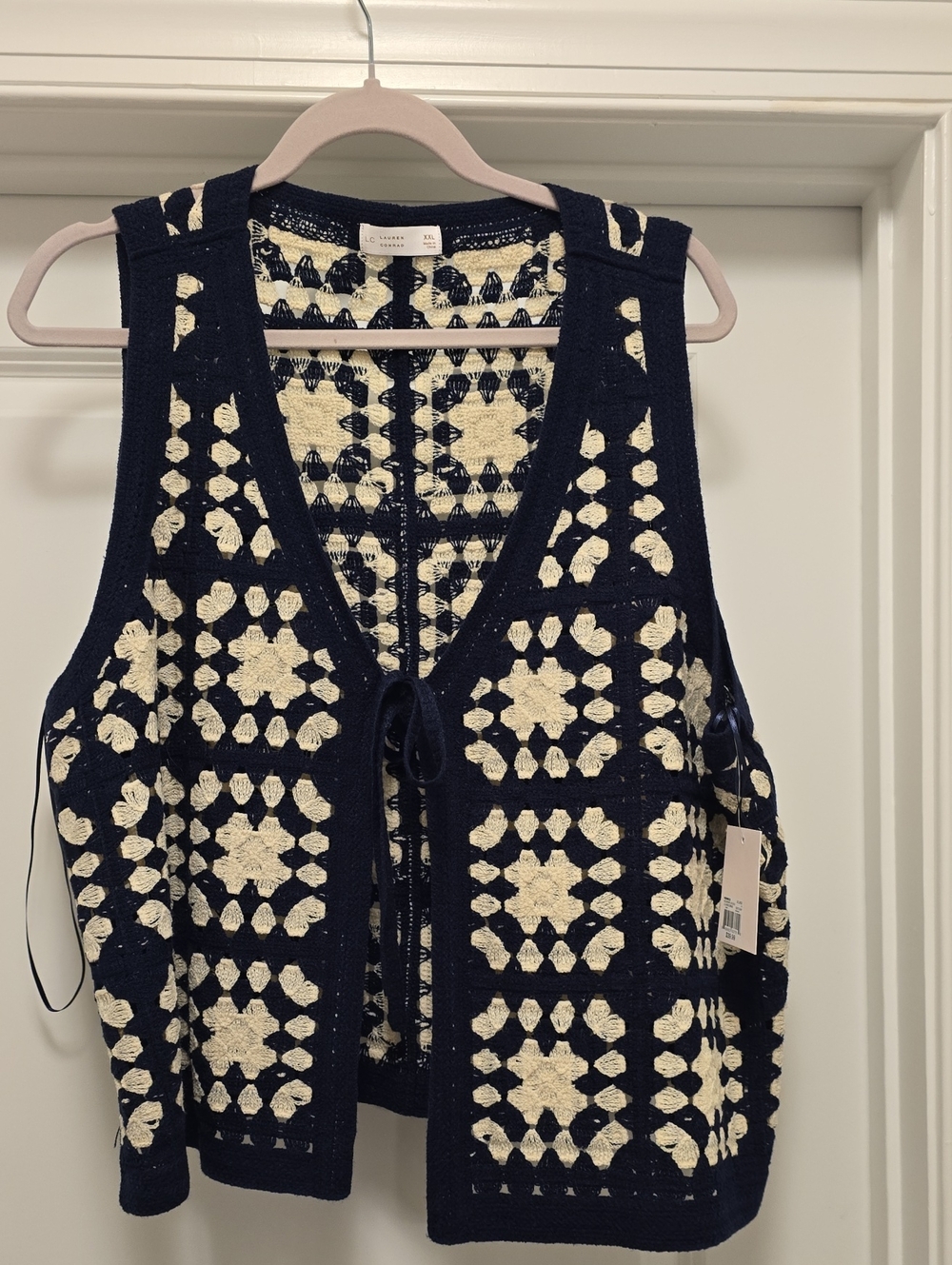 LC Lauren Conrad Navy and Cream Crochet Vest